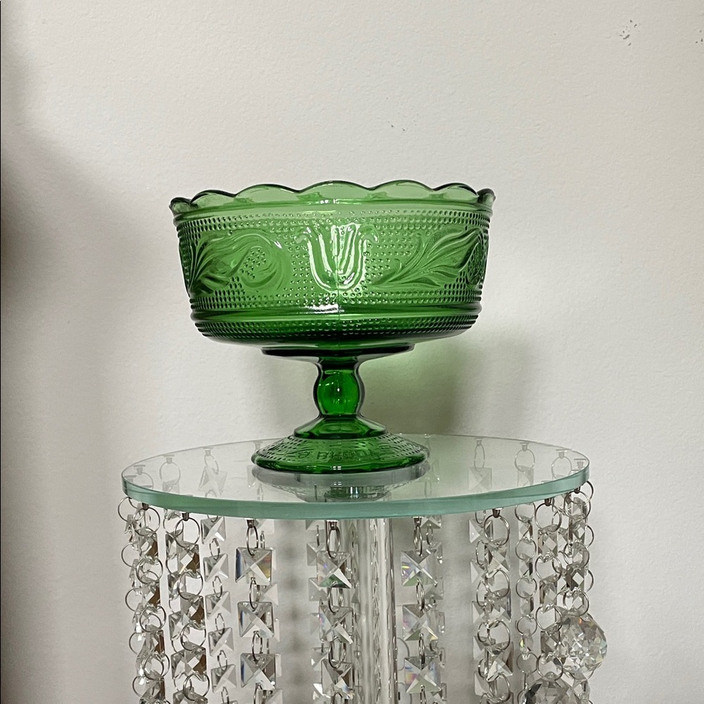 Vintage 1950's E.O. Brody Co. M6000 Green Glass Compote Candy Dish Raised Bowl